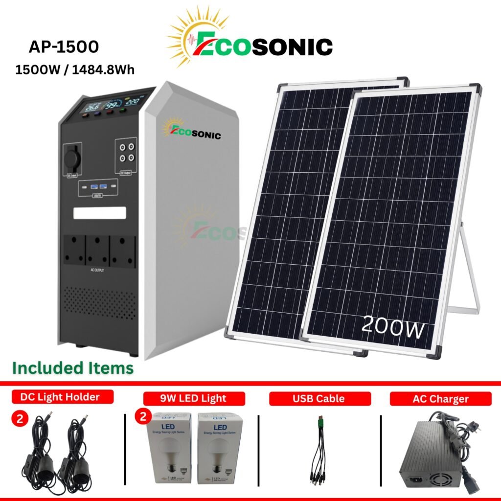 Ecosonic AP-1500 1500W 1484.8Wh Pure Sine Wave Solar IPS Energy Storage System 2×100W Mono Solar Panels