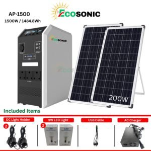 EcoSONIC AP-1500 1500W / 1484.8Wh Pure Sine Wave Solar IPS Energy Storage System | 2×100W Mono Solar Panels
