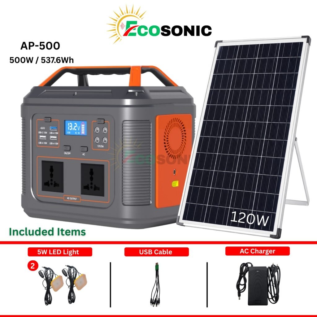 Ecosonic AP-500 537.6W 512Wh Portable Pure Sine Wave Solar IPS 120W Mono Solar Panel