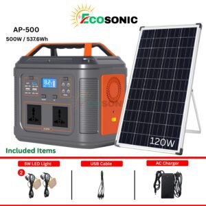 Ecosonic AP-500 500W / 537.6Wh Portable Pure Sine Wave Solar IPS | 120W Mono Solar Panel