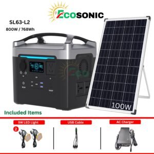 EcoSONIC SL63-L2 800W / 768Wh Pure Sine Wave Solar IPS System | 100W Mono Solar Panel